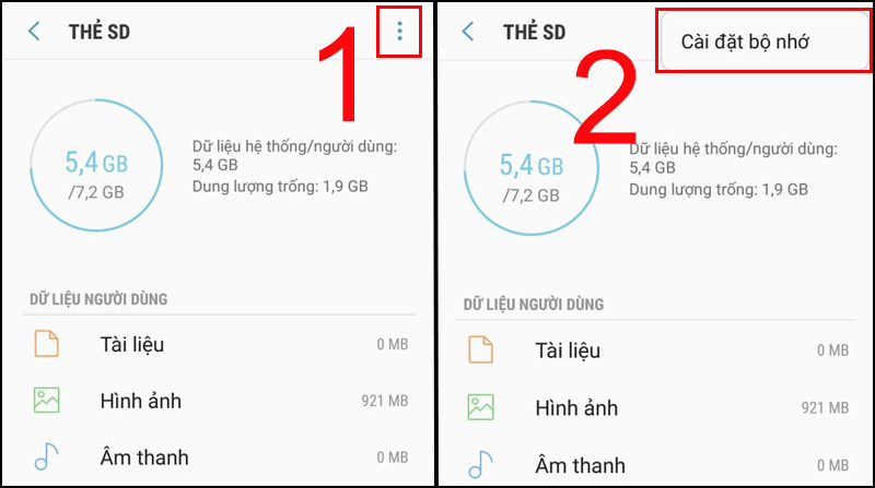  Chọn biểu tượng ba chấm > Chọn Cài đặt bộ nhớ.